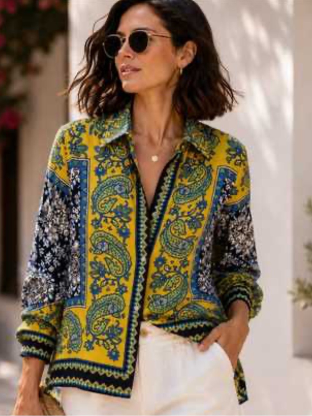 Rachel Zoe Paisley Long Sleeve Button Up Satin Blouse size L